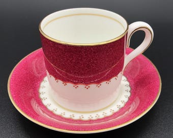 Antique Coalport Demitasse Cup Saucer, Maroon Gold Gilt Lace, Collector Gift