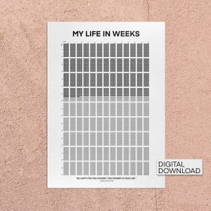 Calendario imprimible de vida en semanas • Póster del calendario minimalista existencial • Decoración estética de la sala de arte mural • Gráfico de vida • Regalo de cumpleaños extraño