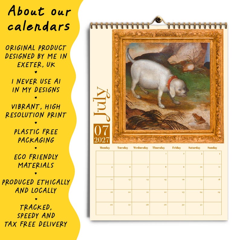 May include: A wall calendar for July 2027 featuring a painting of a white dog with a red collar looking at a frog. The image is enclosed in an ornate gold frame. The text 'About our calendars' and additional product details are printed on the left.