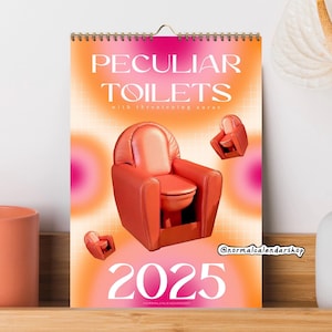 Calendario 2025 dei servizi igienici particolari degli Stati Uniti e del Canada con aure minacciose • Regalo di Natale brutto e strano • Decorazione del WC del bagno • Estetica minimalista divertente