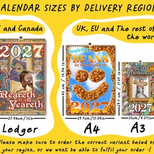 May include: Three 2027 wall calendars with dimensions. The Ledger calendar is 11 by 17 inches. The A4 calendar is 11.69 by 16.54 inches. The A3 calendar is 8.27 by 11.69 inches. Each features unique cover art and text titles.