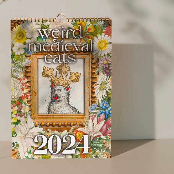 Weird Medieval Cats Calendar 2024 • Funny Ugly Cats Artsy Modern Aesthetic • Cat parent gift • Minimalist Modern Eclectic Interior Decor •