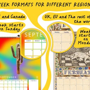 May include: A calendar comparison graphic with yellow text reading WEEK FORMATS FOR DIFFERENT REGIONS. One section shows a September calendar starting on Sunday with a cactus graphic. Another shows a February calendar starting on Monday.