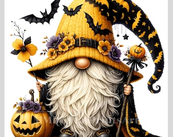 May include: A yellow and black gnome wearing a witch hat with bats and stars. The gnome is holding a stick with a small pumpkin on top. The gnome is standing in front of a larger pumpkin with a jack-o-lantern face.
