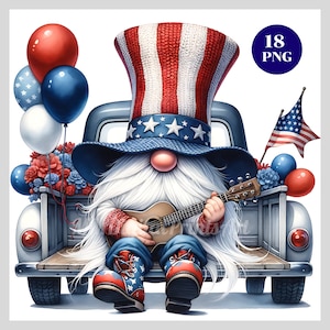May include: A gnome wearing a red, white, and blue hat and playing a ukulele in the back of a vintage pickup truck decorated with red, white, and blue balloons and flowers.