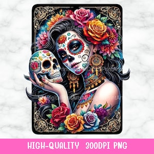 Arte digital de la carta del tarot mexicana La Catrina / Descarga PNG del Día de los Muertos / Clipart de cartas del tarot para sublimación y manualidades