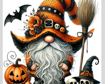 May include: A Halloween gnome wearing an orange and black witch hat with a black belt and skull accents. The gnome has a white beard and is holding a broom. There are two skulls and a pumpkin in the foreground.