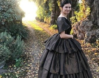 Ballgown, brown, 1800’s, ruffle, civil war, reenactment, dance, formal, 1860, quinceanera, 16, fantasy,