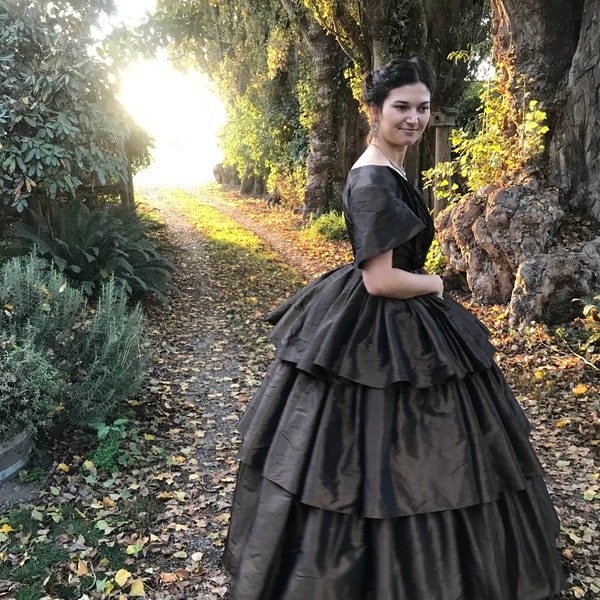 Ballgown, brown, 1800’s, ruffle, civil war, reenactment, dance, formal, 1860, quinceanera, 16, fantasy,