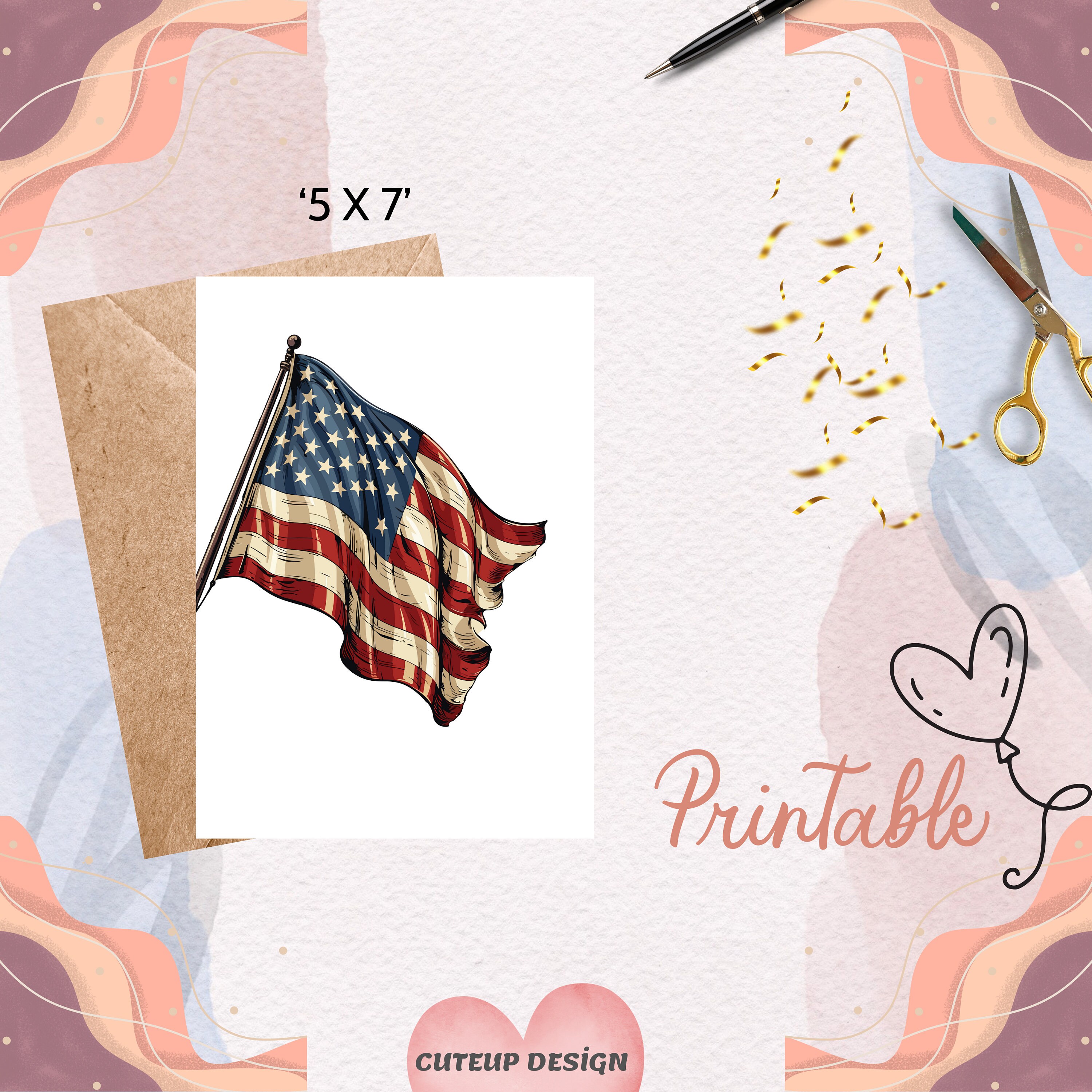 American Flag Card, USA Flag Stationery, Land of the Free Because of ...