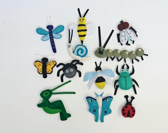 Handmade Felt Mini Bugs, Felt Bug Collection Butterfly, Bee, Fly, Spider, Grasshopper, Snail, Dragonfly, Ladybug, Caterpillar, Moths