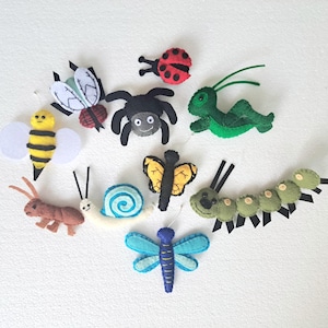 Handmade Felt Mini Bugs, Felt Bug Collection Butterfly, Bee, Fly, Spider, Grasshopper, Snail, Dragonfly, Ladybug, Caterpillar, Ant