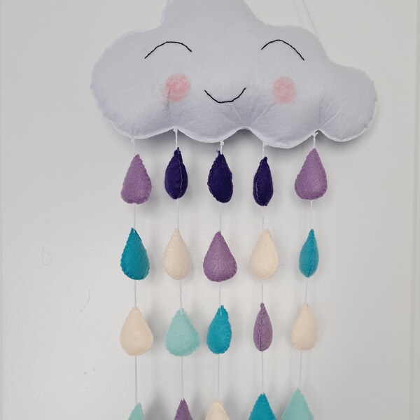 Smiling Cloud with Colorful Raindrops Wall Hanging - Felt Cloud Decor for Nursery child bedroom -  Cloud Nursery Mobile