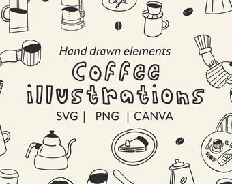 Könnte beinhalten: Handgezeichnete schwarz-weiße Kaffeeillustrationen, darunter Kaffeemaschinen, Tassen, Bohnen und Caféschilder. Das Bild enthält den Text "Coffee illustrations" und "60+ icons". Erhältlich in SVG-, PNG- und Canva-Formaten.
