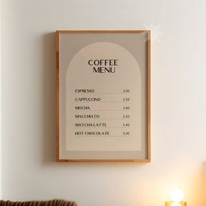Menu de café Arte em parede Decoração de cozinha Arte estética em parede Impressão moderna de cozinha