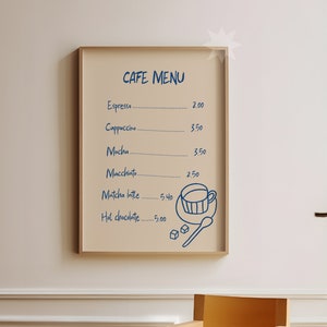 Arte de parede de menu de café | Decoração de cozinha desenhada à mão | Impressão de arte de parede de cozinha azul da moda | Pôster de menu de cafeteria | Download digital