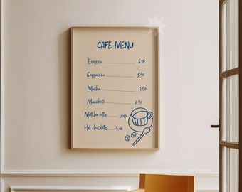 Cafe Menu Wall Art | Hand Drawn Kitchen Decor | Trendy Blue Kitchen Wall Art Print | Coffee Bar Menu Poster | Digital Download