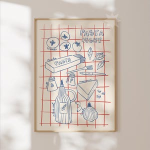 Póster de noche de pasta / Decoración de cocina de moda / Arte mural con bocetos de pasta italiana / Impresión para amantes de la pasta / Decoración de comedor dibujada a mano