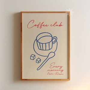Coffee Club Wandkunst | Handgezeichnete Küchen Poster |  Trendy Küchen Poster | Espresso Kaffee Wandkunst
