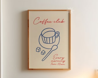 Coffee Club Wall Art | Hand Drawn Kitchen Print |  Trendy Kitchen Poster | Espresso Coffee Wall Art