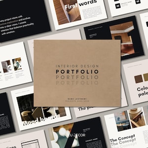 Puede incluir: Una colecci&oacute;n de p&aacute;ginas de portafolio de dise&ntilde;o de interiores. La p&aacute;gina central es una portada marr&oacute;n con las palabras "INTERIOR DESIGN PORTFOLIO" en negro y gris. Las p&aacute;ginas circundantes presentan texto, im&aacute;genes y elementos de dise&ntilde;o, incluyendo "Mood board" y "The Concept".