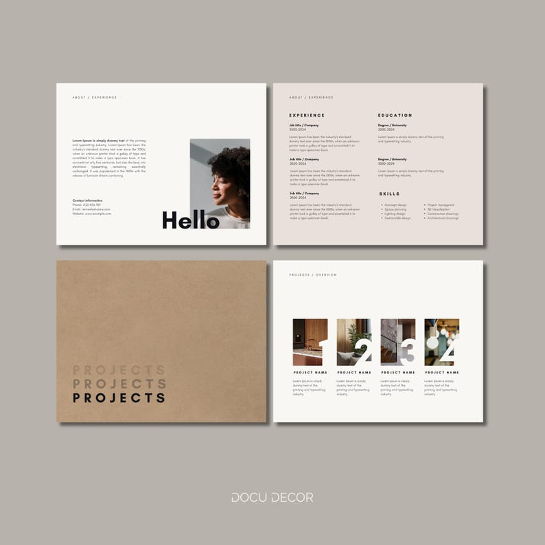 Puede incluir: Dise&ntilde;o de folleto de cuatro p&aacute;ginas con una paleta de colores neutros. La portada presenta la palabra "Hello" y una foto de una mujer. En el interior, hay texto sobre experiencia, educaci&oacute;n y habilidades. La contraportada tiene la palabra "PROJECTS".