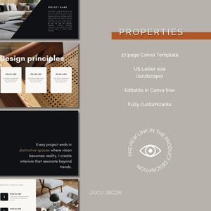 Puede incluir: Plantilla de presentaci&oacute;n digital con una combinaci&oacute;n de colores neutros. El dise&ntilde;o incluye elementos de texto como "Design principles" y "Properties". La plantilla es totalmente personalizable y editable en Canva.