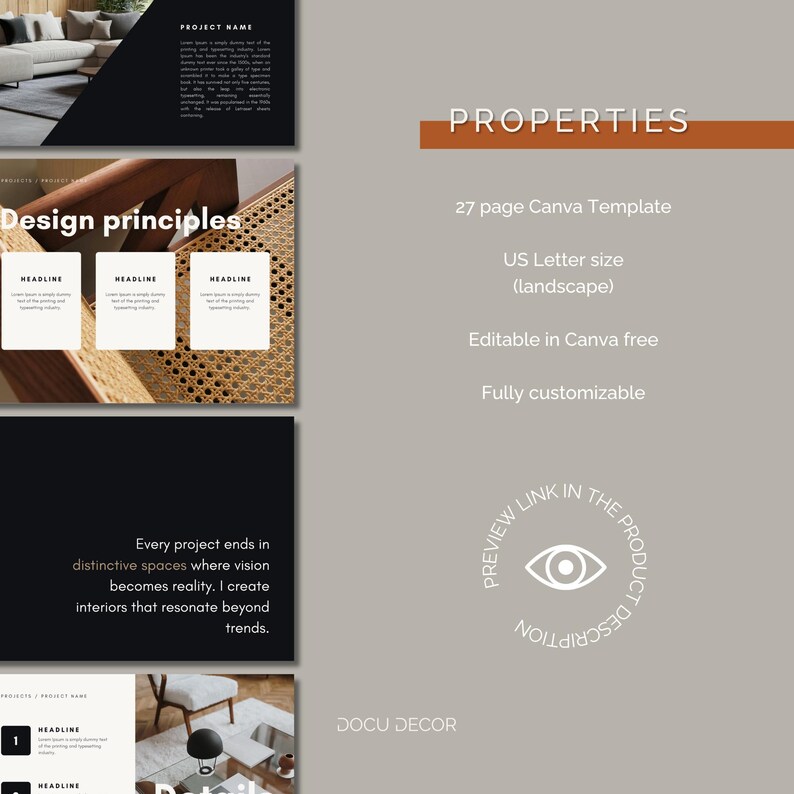 Puede incluir: Plantilla de presentaci&oacute;n digital con una combinaci&oacute;n de colores neutros. El dise&ntilde;o incluye elementos de texto como "Design principles" y "Properties". La plantilla es totalmente personalizable y editable en Canva.