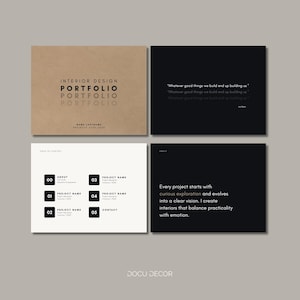 Puede incluir: Dise&ntilde;o de portafolio de dise&ntilde;o de interiores de cuatro p&aacute;ginas. La portada es de color marr&oacute;n claro con las palabras "Interior Design Portfolio" en negro. Las otras p&aacute;ginas son en blanco y negro con texto y elementos de dise&ntilde;o.