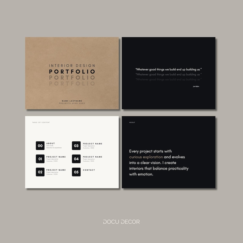 Puede incluir: Dise&ntilde;o de portafolio de dise&ntilde;o de interiores de cuatro p&aacute;ginas. La portada es de color marr&oacute;n claro con las palabras "Interior Design Portfolio" en negro. Las otras p&aacute;ginas son en blanco y negro con texto y elementos de dise&ntilde;o.