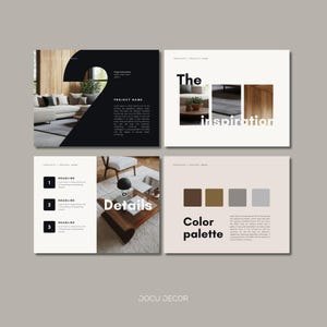 Puede incluir: Una presentaci&oacute;n de concepto de dise&ntilde;o con cuatro paneles. Los paneles presentan elementos de dise&ntilde;o de interiores, texto y una paleta de colores. El texto incluye "The Inspiration", "Details" y "Color palette". El panel inferior tiene el texto "DOCU DECOR".