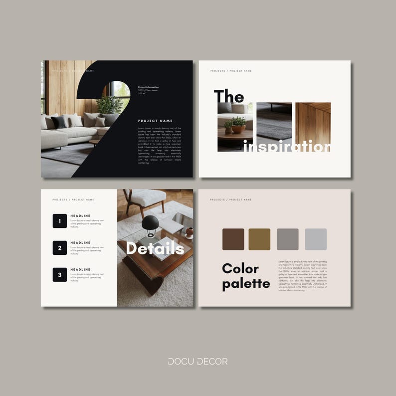 Puede incluir: Una presentaci&oacute;n de concepto de dise&ntilde;o con cuatro paneles. Los paneles presentan elementos de dise&ntilde;o de interiores, texto y una paleta de colores. El texto incluye "The Inspiration", "Details" y "Color palette". El panel inferior tiene el texto "DOCU DECOR".