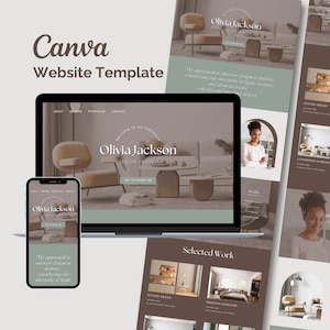 Puede incluir: Una plantilla de sitio web para un diseñador de interiores. La plantilla presenta un fondo marrón claro con una foto de una sala de estar y una foto del diseñador. El texto "Olivia Jackson Interior Designer" se muestra en blanco. El sitio web también incluye una sección para "Trabajo seleccionado" con fotos de diseños de cocina y dormitorio.