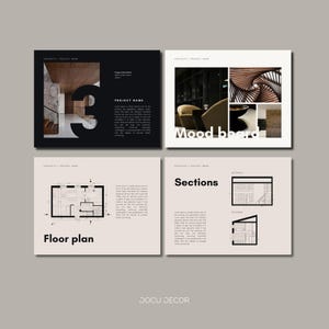 Puede incluir: Dise&ntilde;o de cuatro p&aacute;ginas de un portafolio de dise&ntilde;o. Las p&aacute;ginas incluyen una p&aacute;gina en blanco y negro con el n&uacute;mero "3", una p&aacute;gina con las palabras "Mood board", un plano de planta y una p&aacute;gina con la palabra "Sections". La parte inferior de la imagen tiene las palabras "DOCU DECOR".