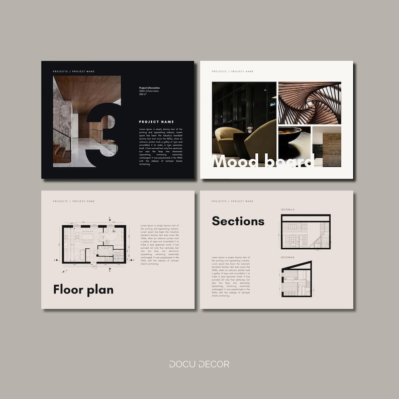 Puede incluir: Dise&ntilde;o de cuatro p&aacute;ginas de un portafolio de dise&ntilde;o. Las p&aacute;ginas incluyen una p&aacute;gina en blanco y negro con el n&uacute;mero "3", una p&aacute;gina con las palabras "Mood board", un plano de planta y una p&aacute;gina con la palabra "Sections". La parte inferior de la imagen tiene las palabras "DOCU DECOR".
