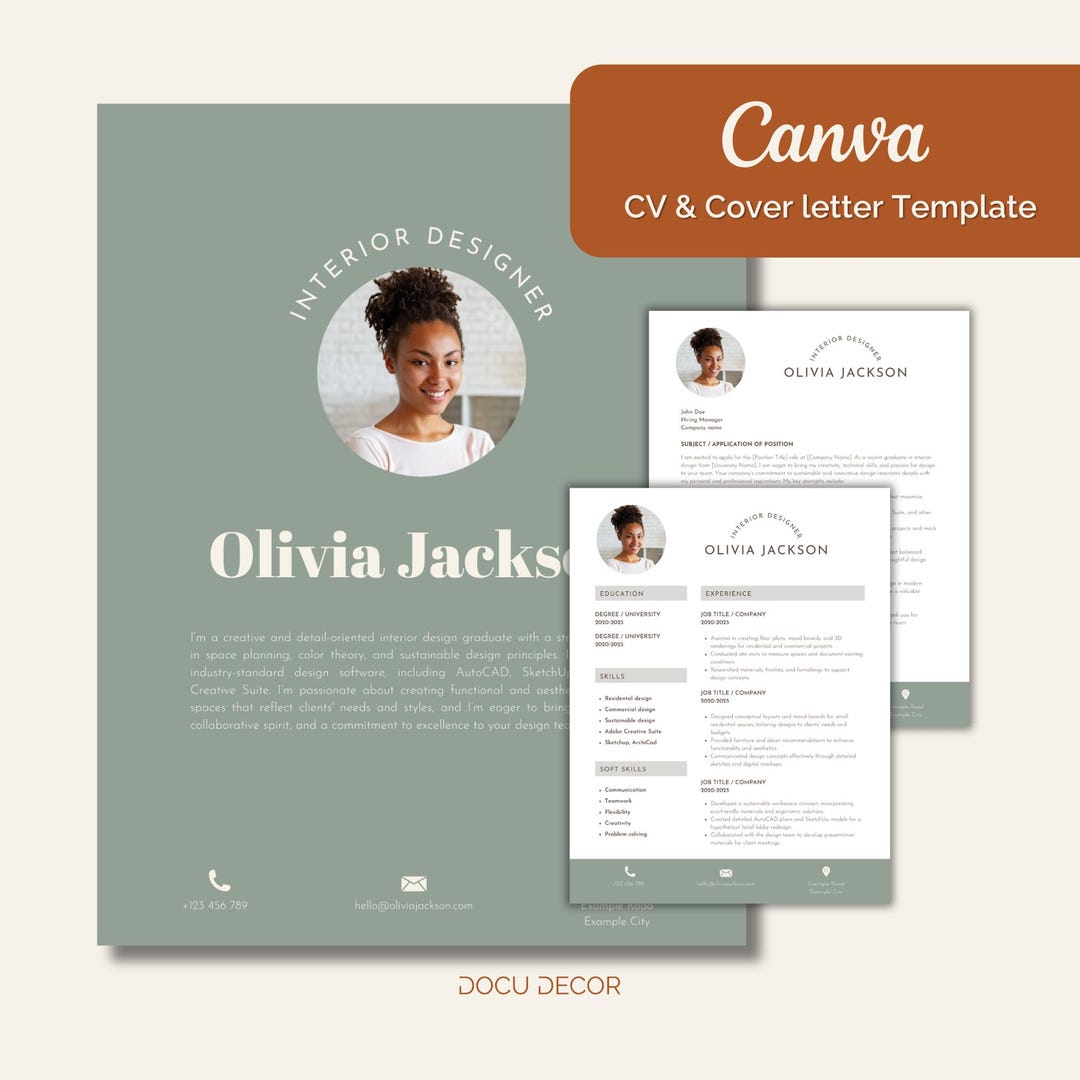 Interior Designer Resume Template: Canva Editable CV & Cover Letter - Etsy