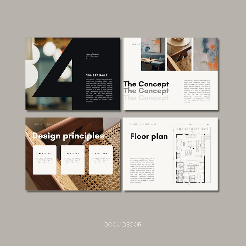 Puede incluir: Dise&ntilde;o de presentaci&oacute;n con cuatro paneles. Los paneles muestran texto e im&aacute;genes, incluidas las palabras "The Concept", "Design principles" y "Floor plan". La presentaci&oacute;n tiene una paleta de colores neutros.