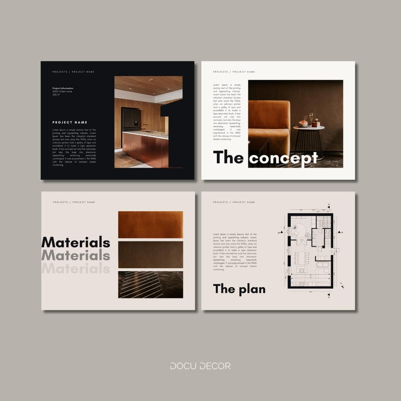 Puede incluir: Dise&ntilde;o de presentaci&oacute;n de proyecto en cuatro p&aacute;ginas. Las p&aacute;ginas muestran im&aacute;genes de elementos de dise&ntilde;o de interiores, muestras de materiales y un plano de planta. El texto incluye "Project Name", "The concept", "Materials" y "The plan".
