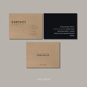 Puede incluir: Dise&ntilde;o de portafolio con tres secciones. La secci&oacute;n superior izquierda es de color beige con la palabra "CONTACTO" repetida tres veces. La secci&oacute;n superior derecha es negra con texto blanco. La secci&oacute;n inferior es beige con "INTERIOR DESIGN PORTFOLIO".