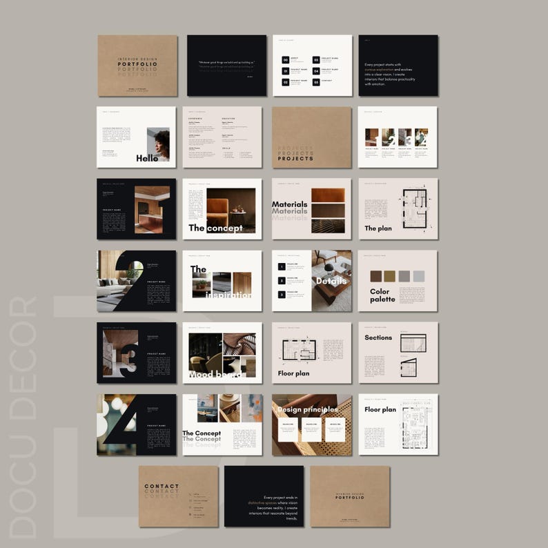 Puede incluir: Una presentaci&oacute;n de p&aacute;ginas de portafolio de dise&ntilde;o con texto e im&aacute;genes. Las p&aacute;ginas presentan t&iacute;tulos como "Portfolio", "Hello", "Projects", "Materials", "The Concept", "Details" y "Floor Plan". La paleta de colores incluye beige, negro y blanco.