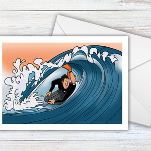 Biglietto d'auguri Mat Surfer, biglietto di compleanno per Mat Surfer, "In the Barrel", biglietto per surfista, biglietto d'arte a tema surf, surfista Fringe