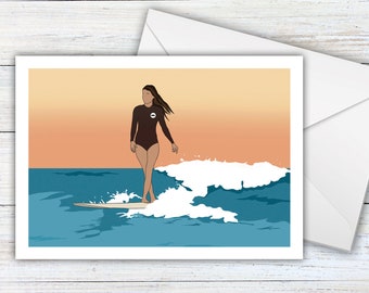 Birthday Card for Surfer Girl, Longboard Greeting Card, 'Sunset Cross Step', Card for Surfer, Surfing themed art card, Brunette Surf Chick