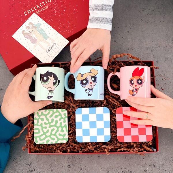 Coffret cadeau Amitié Powerpuff Girls - Mugs roses, bleus, verts avec sous-verres, renoncule, fleurs, bulles, idées cadeau idéales pour les femmes autonomes