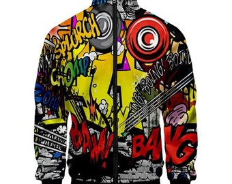 Blouson aviateur à motif graffiti personnalisé Blouson cyberpunk à motif hiphop style hiphop Blouson aviateur aviateur coloré