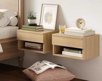 Set of 2 Wooden Floating Bedside Nightstand with Drawer| Wall Mounted  Bedside Table With Drawer