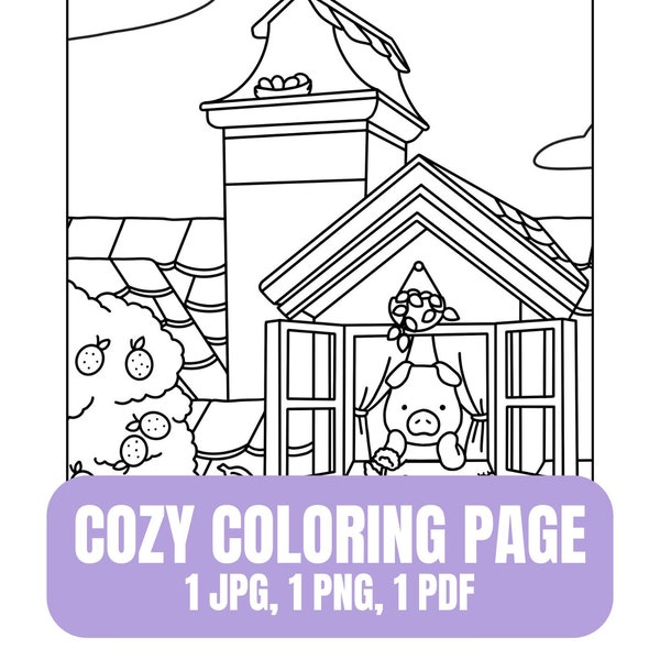 1 Cozy Coloring page for kids and adults A4, cute animals, kawaii, pig, piggy, tree, home, relaxing