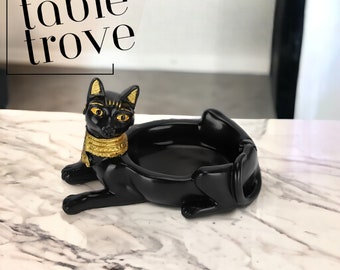 Black Cat Ashtray, Bastet Statue Ashtray, Bast, Egyptian Goddess, Cat Ornament, Resin Ashtray, Black and Gold Cat Statue, Black Ashtray.