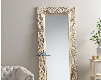 Wooden Carved Wall Mirror Frame Solid Wood, White Multi Color Finish | with Out Mirror | for bedroom, livingroom, home in detailed carving.