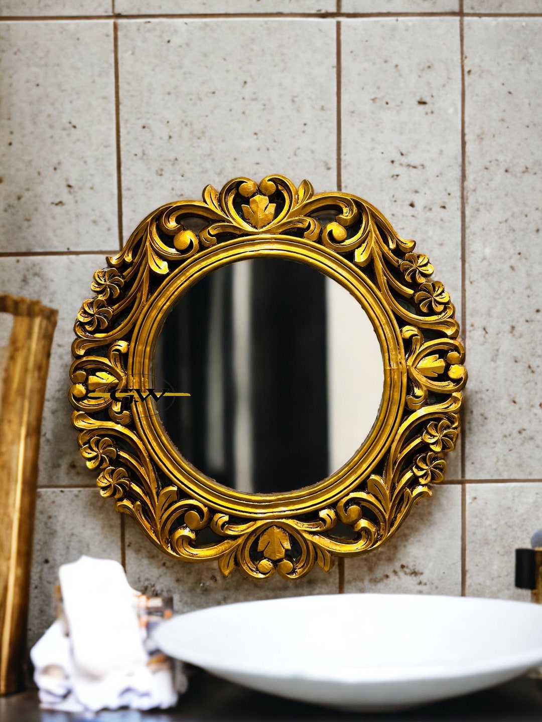 WOODEN Carved Round Wall Mirror Frame Handmade Wall Mounted Etsy