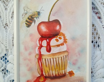 Watercolor cake illustration,Mini cakes, original watercolor painting on  100% cotton paper and framed.